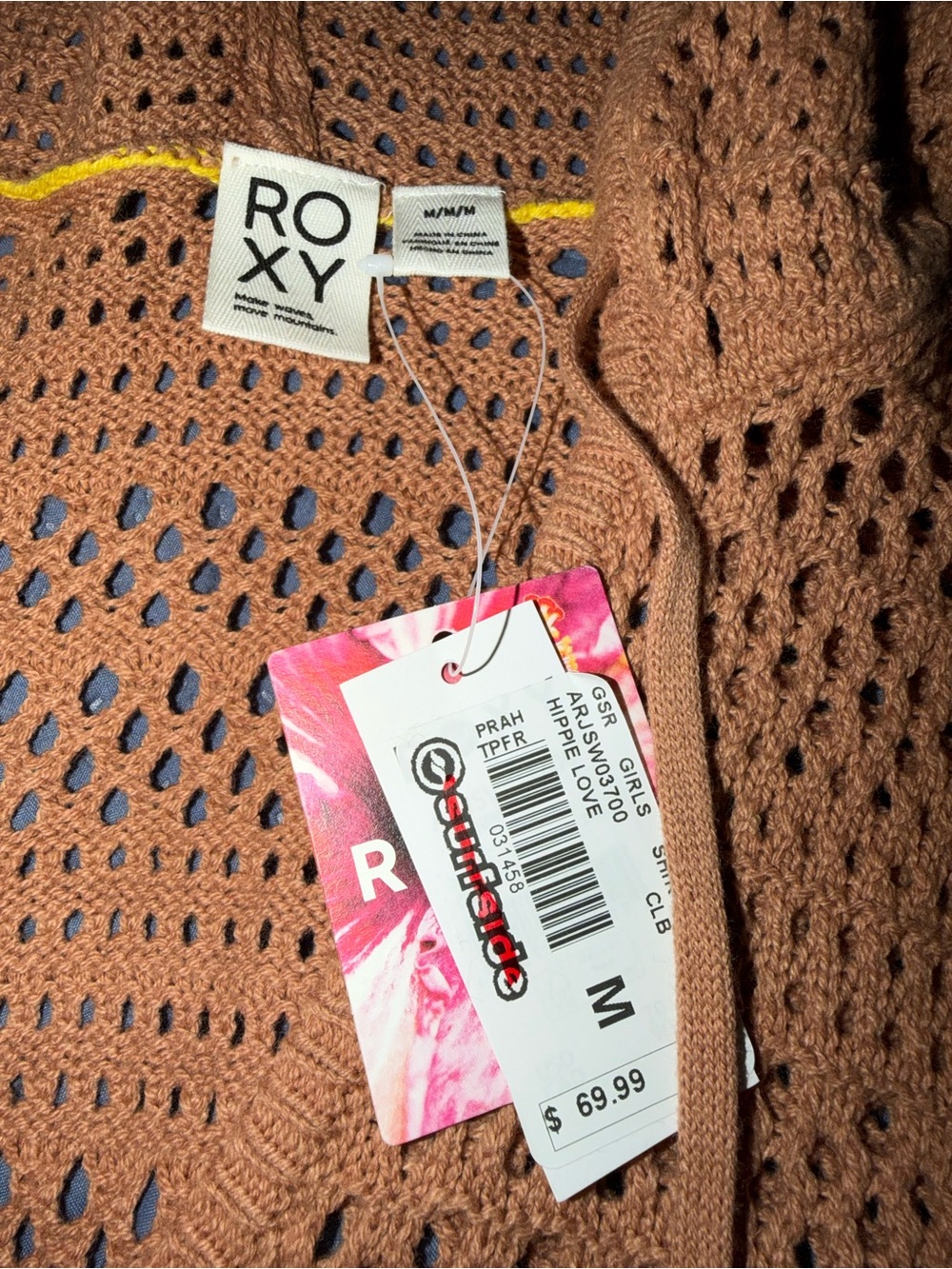 Roxy Women's Open-Knit Hooded V-Neck Sweater in Rusty Tan - Picture 2 of 3